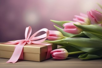 Gift Box with Pink Ribbon Beside bouquet of Fresh Tulips on Bokeh Background. Good for Valentine