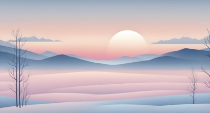 Illustration of a cold winter sunrise, represented by a minimalist gradient of soft pastel pinks