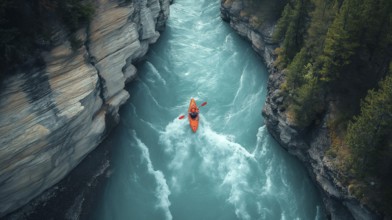 Aerial view of A kayaker paddling the rapids of a beautiful mountain river. generative AI, AI