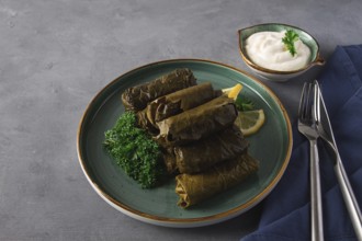 Dolma, cabbage rolls, grape leaves with filling, white sauce, lemon and herbs, rustic, selective