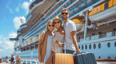 A family of four is posing for a picture in front of a cruise ship before going on vacation. They