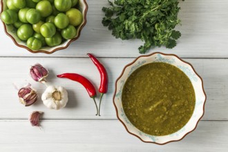 Tkemali sauce, traditional Georgian cuisine, green cherry plum, with ingredients for sauce,