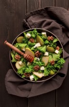 Keto Salad, pear with blue cheese and walnut, selective focus, no people, close-up