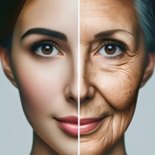 Youth and age, a face with a youthful and an old part with wrinkles, symbol image lifetime, age