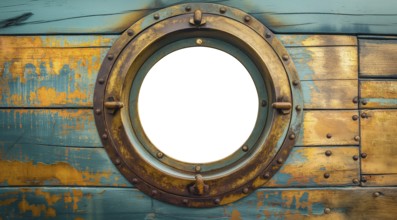 Vintage aged brass ship porthole mounted on a wooden hull with a white background. generative AI,