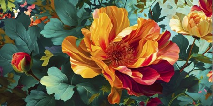 Illustration background of lush floral pattern with vivid flowers and leaves, AI generated