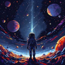 Pixel art illustration of an astronaut outside in the infinite expanse of space, AI generated