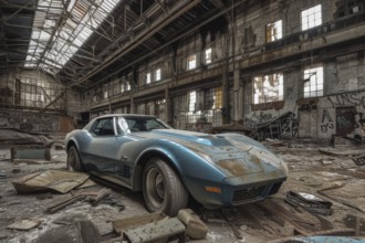 An old, weathered and dusty US-American classic car, wreck, of the type Chevrolet Corvette Stingray