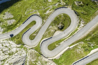 Historical road Tremola, mountain pass Sasso San Gotthardo, aerial view, Switzerland, Europe