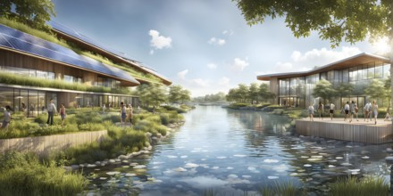 3d rendering of a sustainable engaged waterfront development with floating solar panels, AI