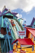 Park guests riding Dudley Do-Right's Ripsaw Falls at Universal Studios Islands of Adventure in