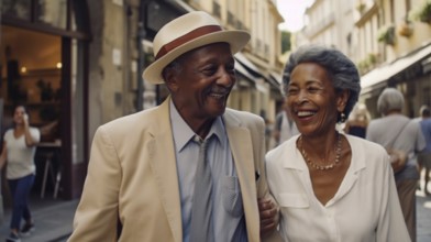 Happy elderly african american couple enjoying a walk along the european streets during thier