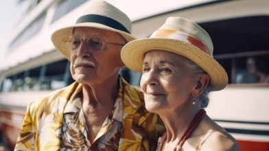 Senior caucasian couple vacationing on A cruise ship in the tropics, generatvie AI, AI generated