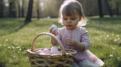 Cute little girl in the grass collecting her easter eggs in the basket, generative AI, AI generated