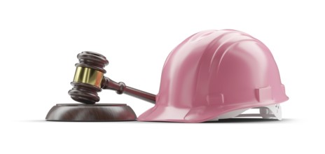 Pink hard hat and gavel isolated on a white background