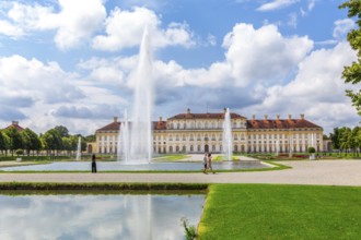 Garden parterre with fountain in front of the New Palace in the Schleissheim Palace complex,