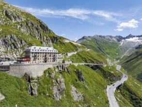 Hotel Belvédère on the Furka, the most famous pass hotel in the world. The building is closed and