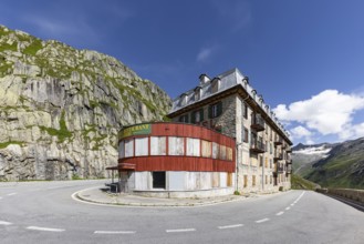 Hotel Belvédère on the Furka, the most famous pass hotel in the world. The building is closed and