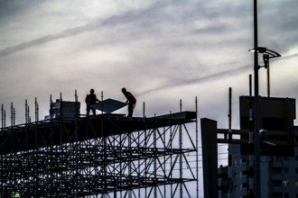 Workers dismantle scaffolding on the Erasmus Bridge over the Nieuwe Maas in Rotterdam, Netherlands