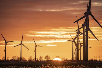 Wind farm near the East Frisian town of Norden, east of the town, sunset, Lower Saxony, Germany,