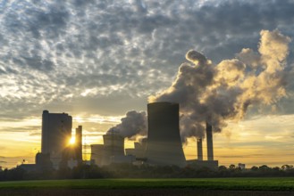 Lignite-fired power plant, RWE Power AG Niederaussem power plant, sunset, Bergheim, North