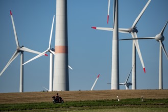 Wind farm near Lichtenau, wind turbines, country road, Driburger Straße, North Rhine-Westphalia,