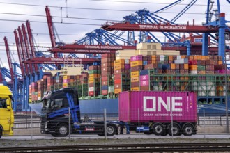 Port of Hamburg, Waltershofer Hafen, container ships, lorries bring and collect freight containers