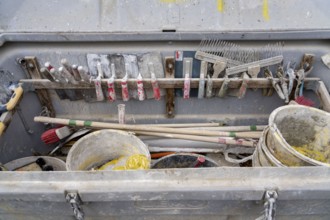 Toolbox of craftsmen, plasterers, bricklayers, drywallers, on a construction site