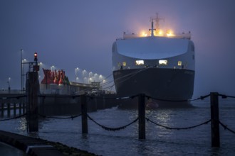 Thick fog in winter, hanging over the mouth of the Elbe into the North Sea, DFDS ferry Britannia