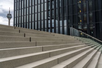 Media Harbour, Düsseldorf, stairs at the Hyatt Hotel, harbour tip, Rhine Tower, former harbour, a