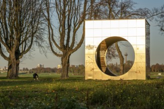 Rheinpark Neuss, cube structure as a recreation area, built as part of Euroga 2002plus, view of the