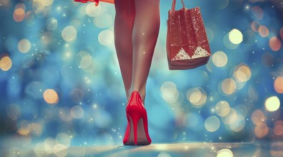 Attractive woman in red shoes holding a red bag. Concept of luxury lifestyle and expensive