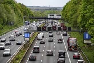 The A3 motorway, heavy traffic on 8 lanes, including the temporarily open hard shoulder, in front