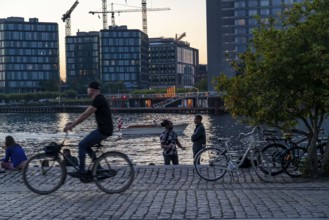 Summer evening in Copenhagen, at the harbour, Islands Brygge, people celebrating, eating, drinking,