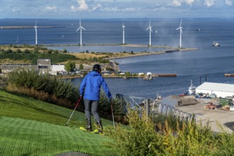 CopenHill, waste incineration plant and artificial ski slope, skiing with a view of the Øresund, 90