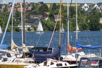 Lake Möhne, dam in the northern Sauerland, sailing boats, marina on the southern shore, North