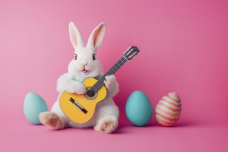 Funny white easter bunny playing a guitar surrounded by easter eggs on pink studio background.