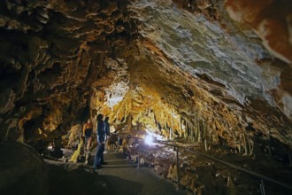 Cave with illuminated stalactites and stalagmites, stalactite cave, Diros Cave, Glyfada Cave,