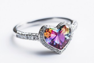 Silver Valentine's day ring with colorful heart shaped gem stone on white background. Generative