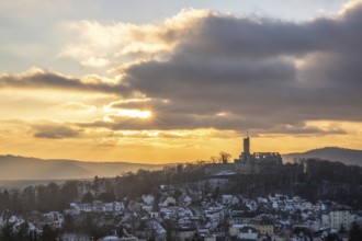 Viewpoint and landscape shot in the evening at sunset. Cold weather and light snow at Schlossblick.