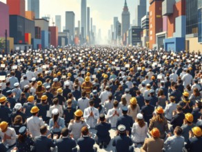 A massive gathering of workers in helmets amidst a city skyline holding papers, ai generated