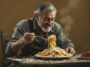 Sample.jpeg, A smiling man gleefully sprinkles cheese over his spaghetti in a warmly lit room, ai