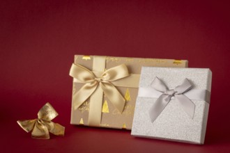 Christmas decoration with two gift boxes on red background