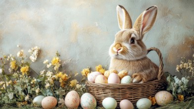 A bunny nestled in a basket of eggs in front of a rustic backdrop, surrounded by yellow flowers, AI