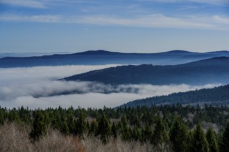 Panorama over wooded hills and a valley shrouded in mist, Hirschenstein, Lower Bavaria