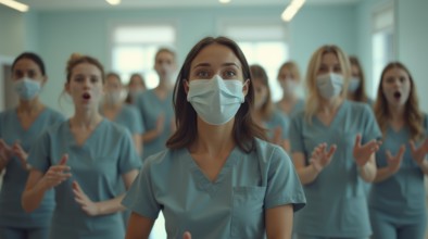 Focused nurses in masks and scrubs clapping along in a healthcare environment, ai generated