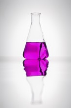 A glass bottle with purple liquid in a laboratory