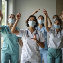 A group of nurses in masks and scrubs dancing joyfully in a healthcare room, ai generated