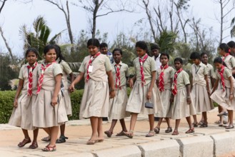 Coastal temple of Mahabalipuram, Mamallapuram, A group of school children in uniforms walks along a