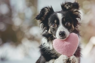 Cute black and white dog holding pink plush heart in paws. Generative Ai, AI generated